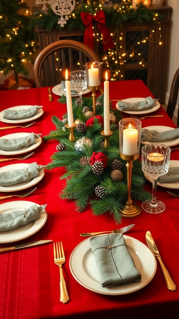 2025 Christmas Table Setting Trends A festive Christmas table setting with red tablecloth, golden cutlery, white plates, and natural decorations.